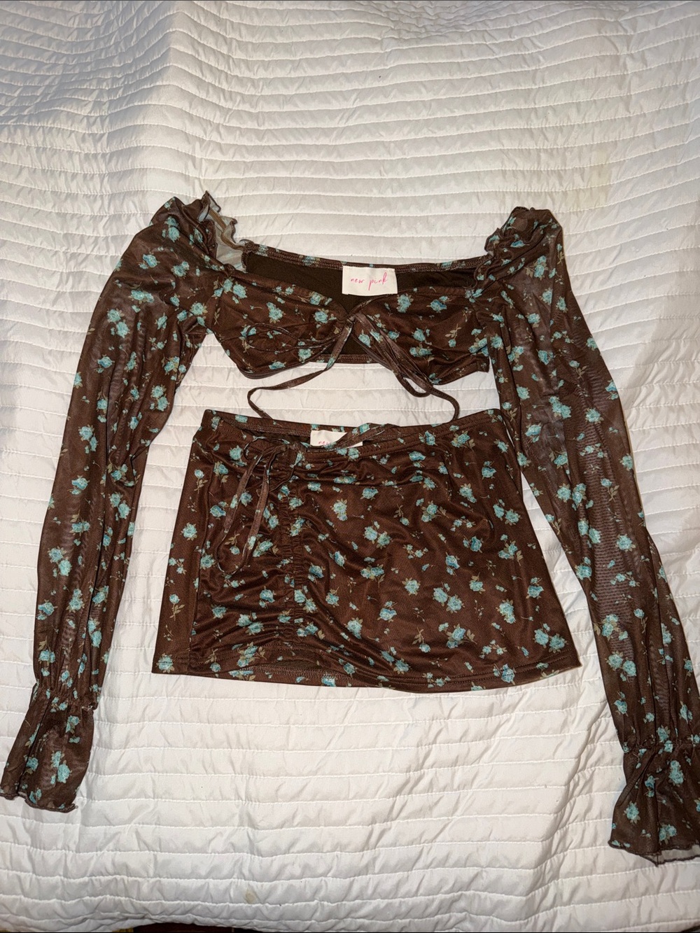 New Pink Brown Floral Mini skirt set with Blue Print